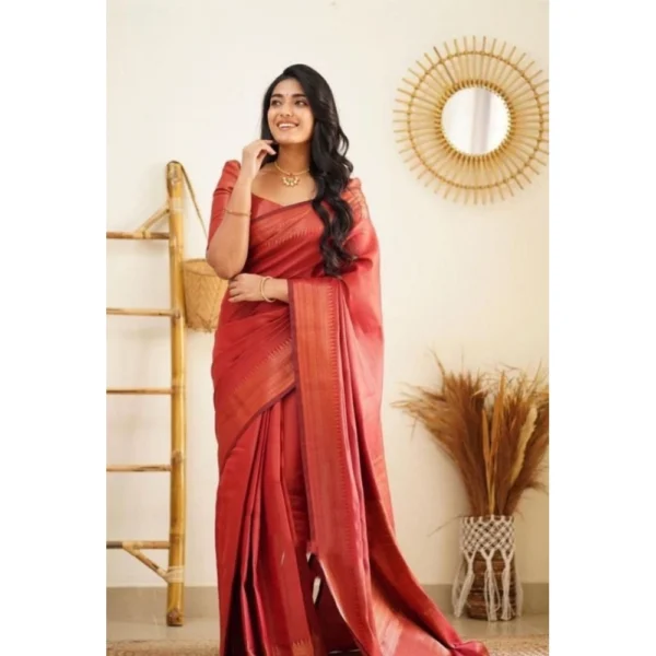 Women's Litchi silk Printed Saree With Unstitched Blouse (Red) - Image 4