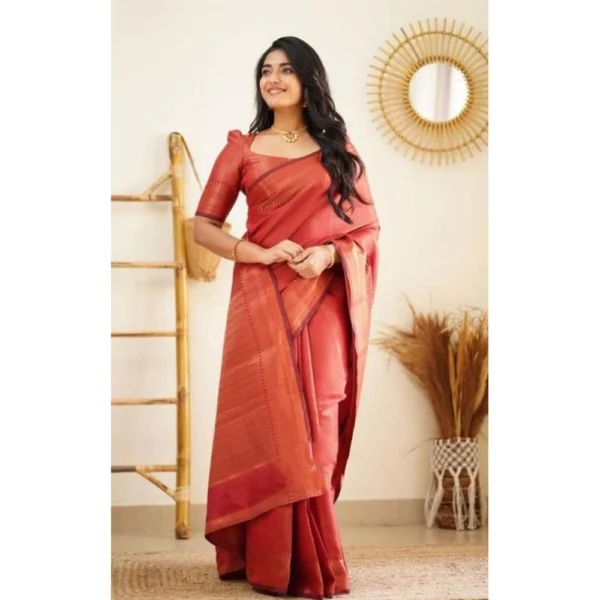 Women's Litchi silk Printed Saree With Unstitched Blouse (Red) - Image 3
