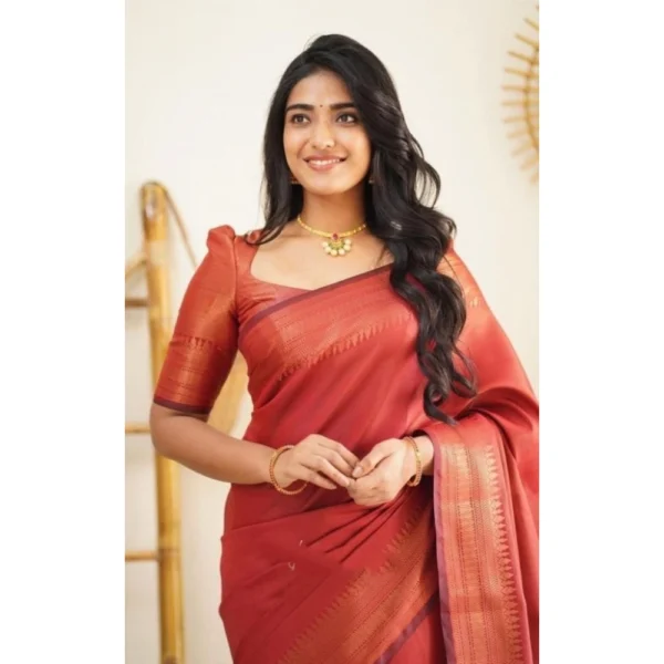 Women's Litchi silk Printed Saree With Unstitched Blouse (Red) - Image 2