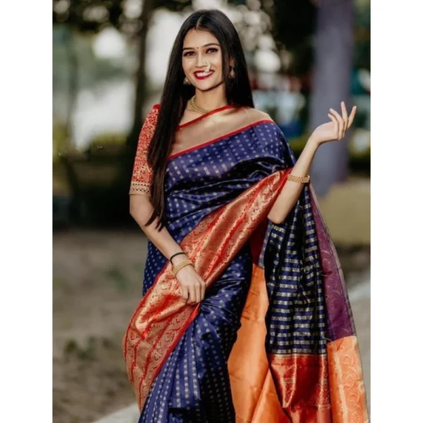 Women's Litchi silk Printed Saree With Unstitched Blouse (Blue) - Image 3