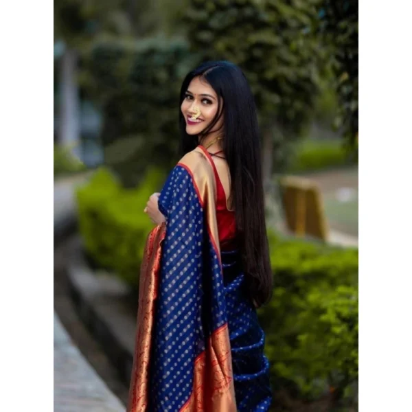 Women's Litchi silk Printed Saree With Unstitched Blouse (Blue) - Image 2