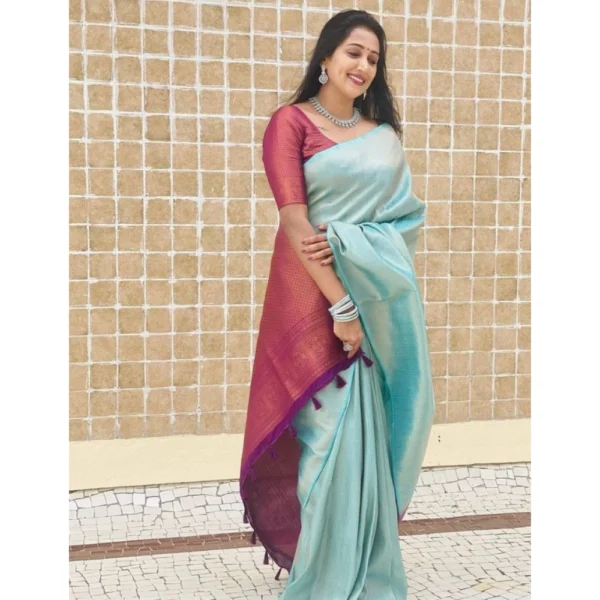 Women's Litchi silk Printed Saree With Unstitched Blouse (Blue) - Image 4