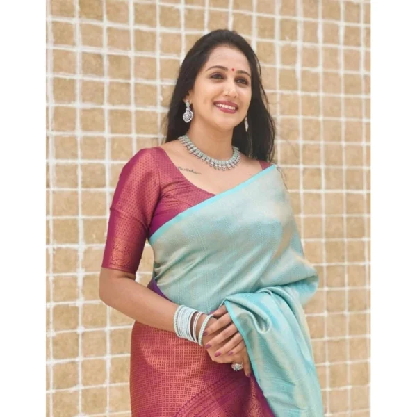Women's Litchi silk Printed Saree With Unstitched Blouse (Blue) - Image 3