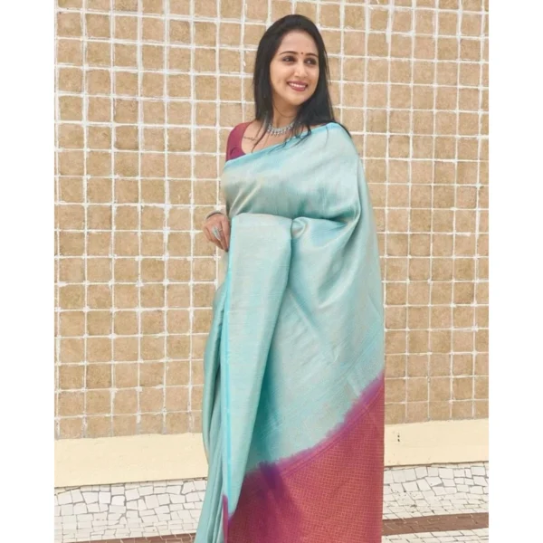Women's Litchi silk Printed Saree With Unstitched Blouse (Blue) - Image 2