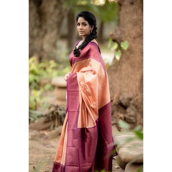 Women's Litchi silk Printed Saree With Unstitched Blouse (Beige) - Image 2
