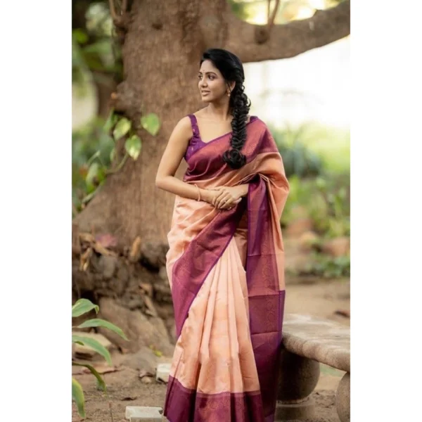 Women's Litchi silk Printed Saree With Unstitched Blouse (Beige) - Image 3