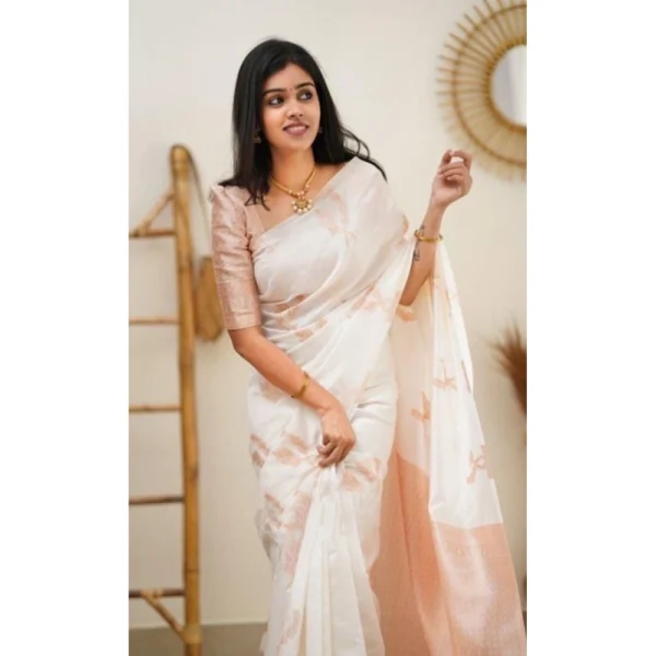 Women's Litchi silk Printed Saree With Unstitched Blouse (White) - Image 3