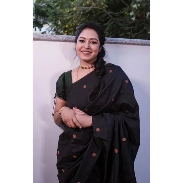 Women's Litchi silk Printed Saree With Unstitched Blouse (Black) - Image 3