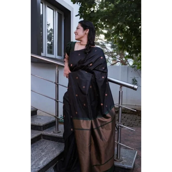 Women's Litchi silk Printed Saree With Unstitched Blouse (Black) - Image 2