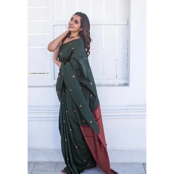 Women's Litchi silk Printed Saree With Unstitched Blouse (Dark Green) - Image 3