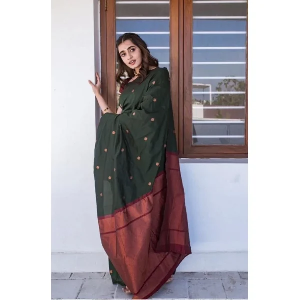 Women's Litchi silk Printed Saree With Unstitched Blouse (Dark Green) - Image 2