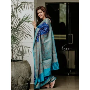 Alternative view of Women's Litchi silk Printed Saree With Unstitched Blouse (Navy Blue)