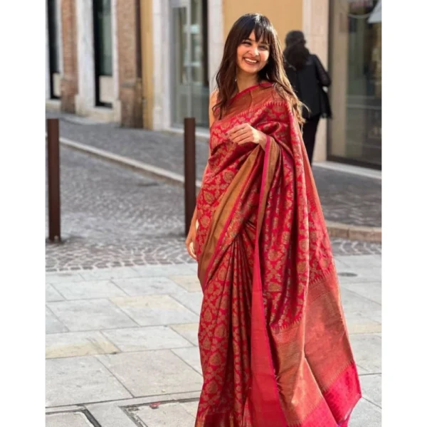 Women's Litchi silk Printed Saree With Unstitched Blouse (Red) - Image 3