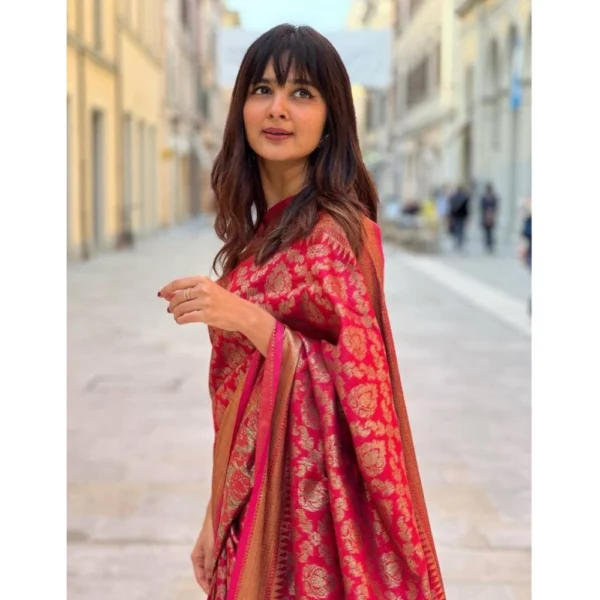 Women's Litchi silk Printed Saree With Unstitched Blouse (Red) - Image 2