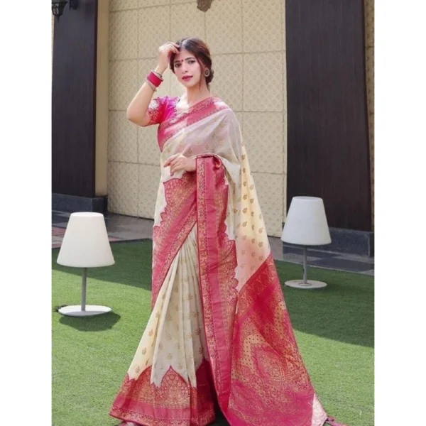 Women's Litchi silk Printed Saree With Unstitched Blouse (Half White) - Image 2