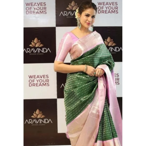 Women's Litchi silk Printed Saree With Unstitched Blouse (Green) - Image 2