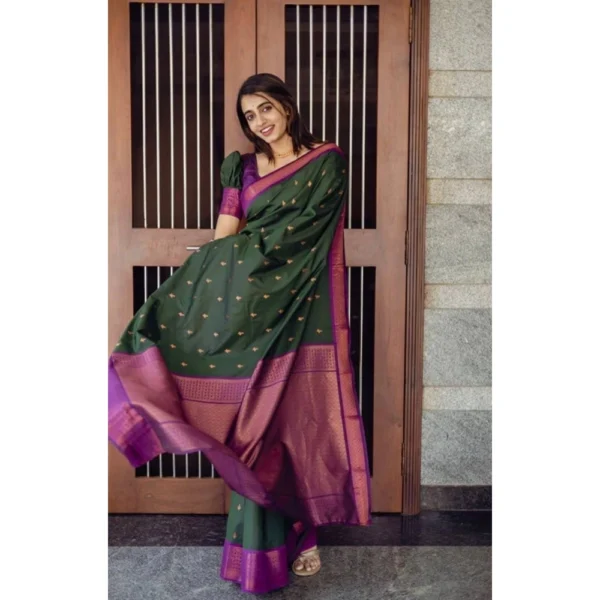 Women's Litchi silk Printed Saree With Unstitched Blouse (Dark Green) - Image 3