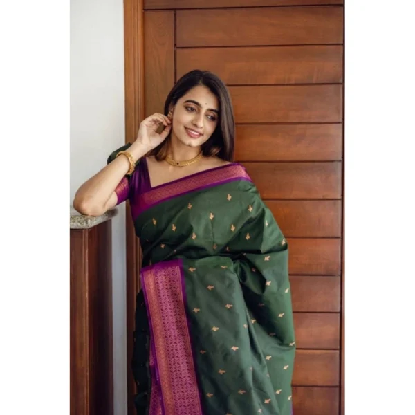 Women's Litchi silk Printed Saree With Unstitched Blouse (Dark Green) - Image 2