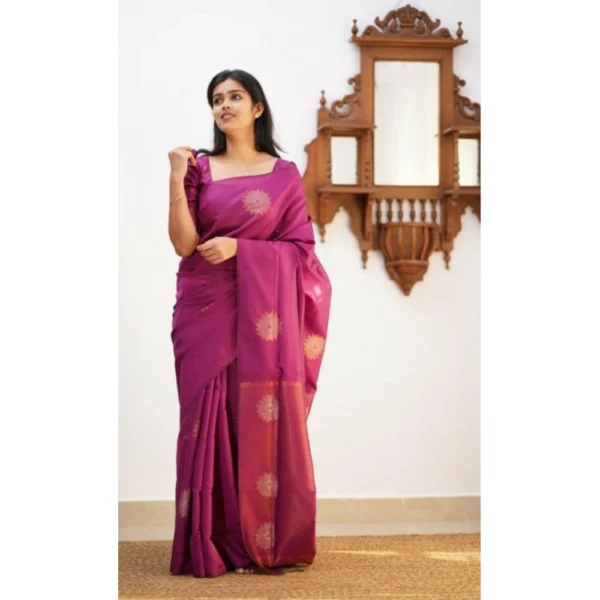 Women's Litchi silk Printed Saree With Unstitched Blouse (Dark Pink) - Image 2