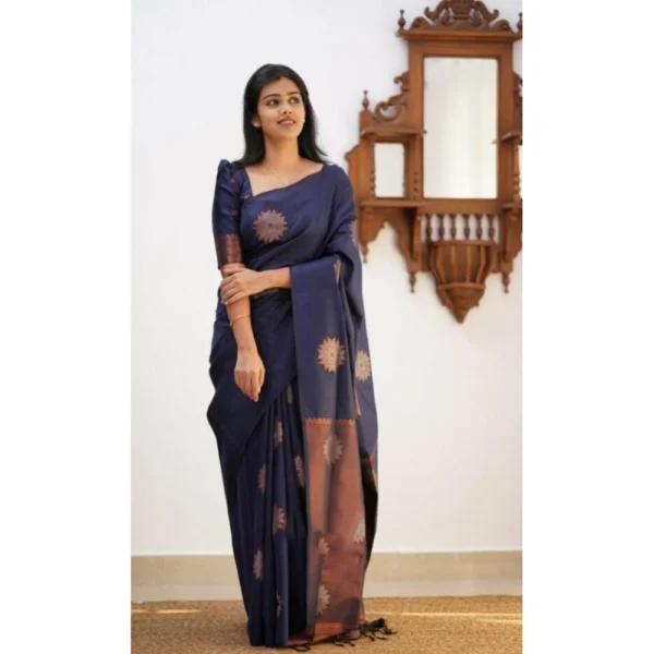Women's Litchi silk Printed Saree With Unstitched Blouse (Dark Blue) - Image 3