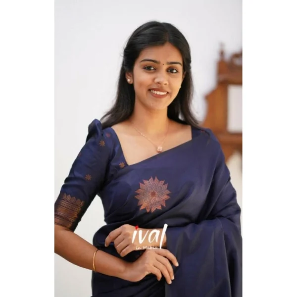 Women's Litchi silk Printed Saree With Unstitched Blouse (Dark Blue) - Image 2
