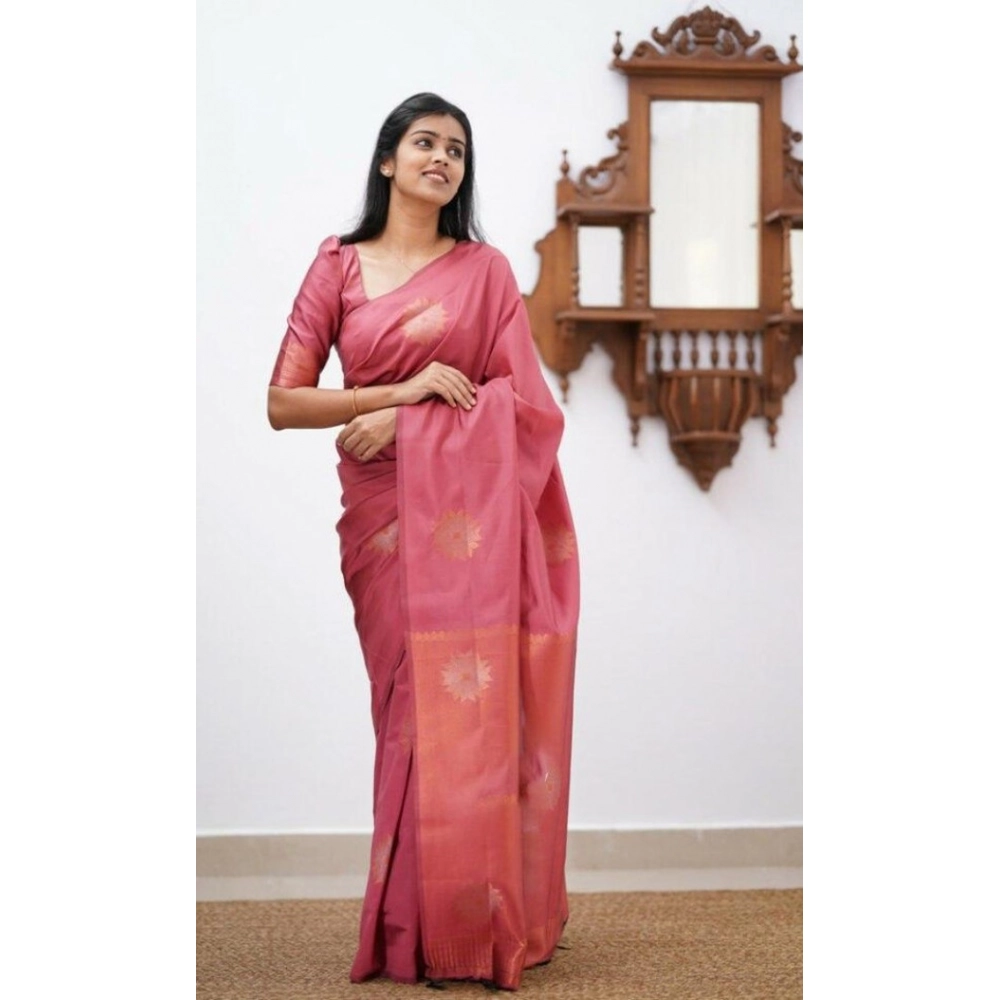 Women's Litchi silk Printed Saree With Unstitched Blouse (Peach) - Image 2