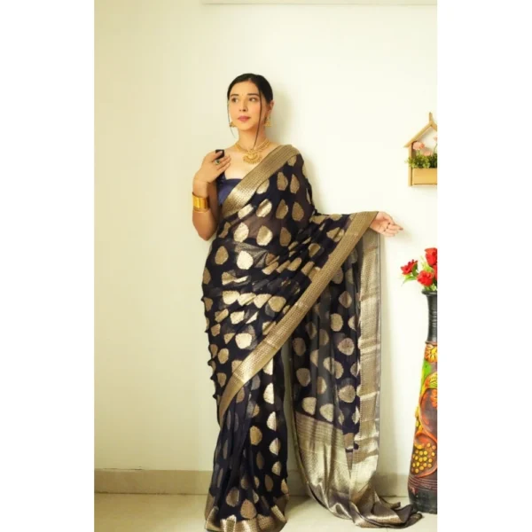 Women's Litchi silk Printed Saree With Unstitched Blouse (Black) - Image 4
