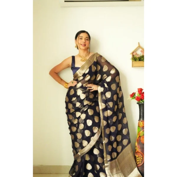 Women's Litchi silk Printed Saree With Unstitched Blouse (Black) - Image 3