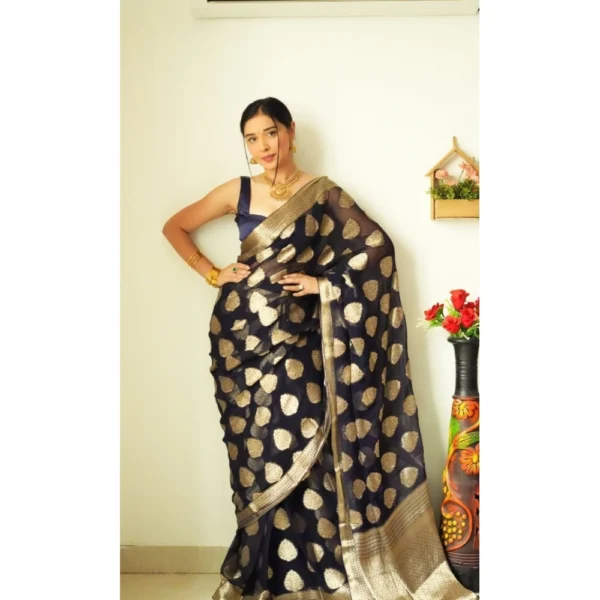 Women's Litchi silk Printed Saree With Unstitched Blouse (Black) - Image 2