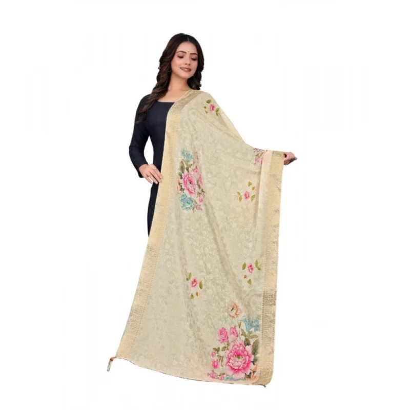 Women's chanderi silk  Printed Dupatta (Beige, Length:?2 Mtr)