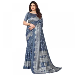 Women's Litchi silk Printed Saree With Unstitched Blouse  5-6 Mtrs (Gray)