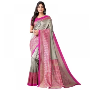 Women's Litchi silk Printed Saree With Unstitched Blouse  5-6 Mtrs (Gray)