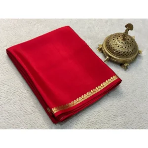 Women's Crepe Chit Pallu Solid Saree With Unstitched Blouse 5.5Mtr (Red)