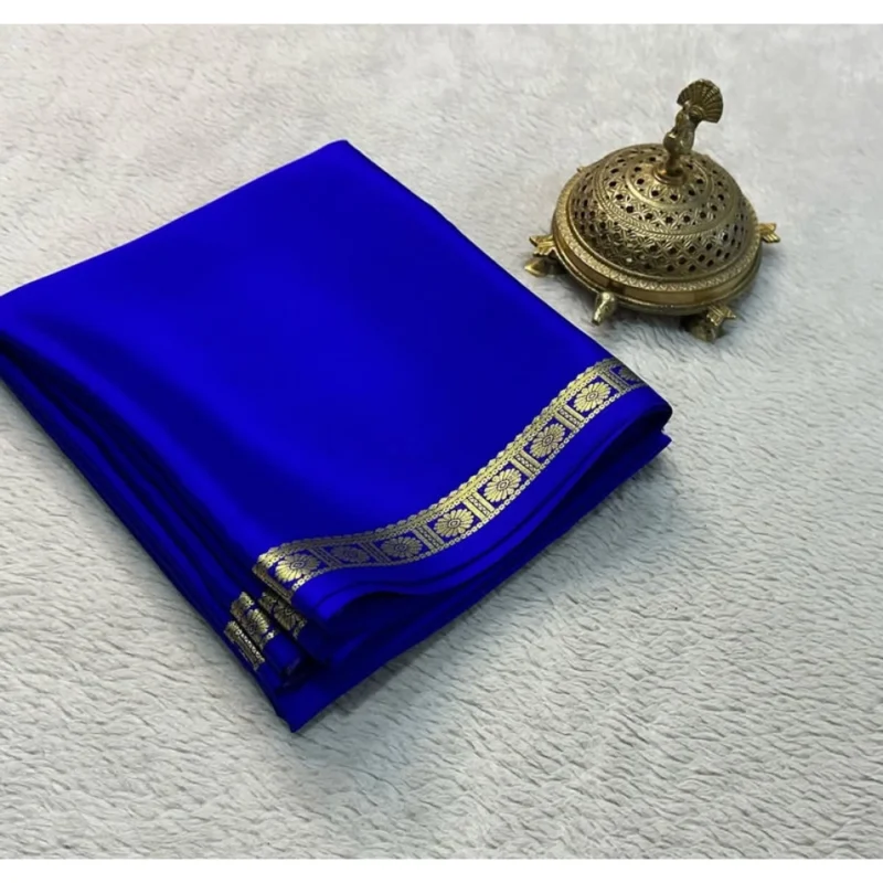 Women's Crepe Chit Pallu Solid Saree With Unstitched Blouse 5.5Mtr (Blue)