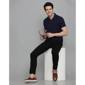 Alternative view of Men's Casual Half Sleeve Solid Cotton Blended Polo Neck T-shirt (Navy Blue)