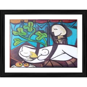 Generic  Green Leaves and Bust 1932 Painting With Wood Photo Frame (Multicolor)