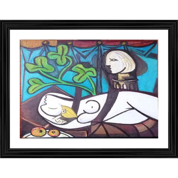Generic  Green Leaves and Bust 1932 Painting With Wood Photo Frame (Multicolor)