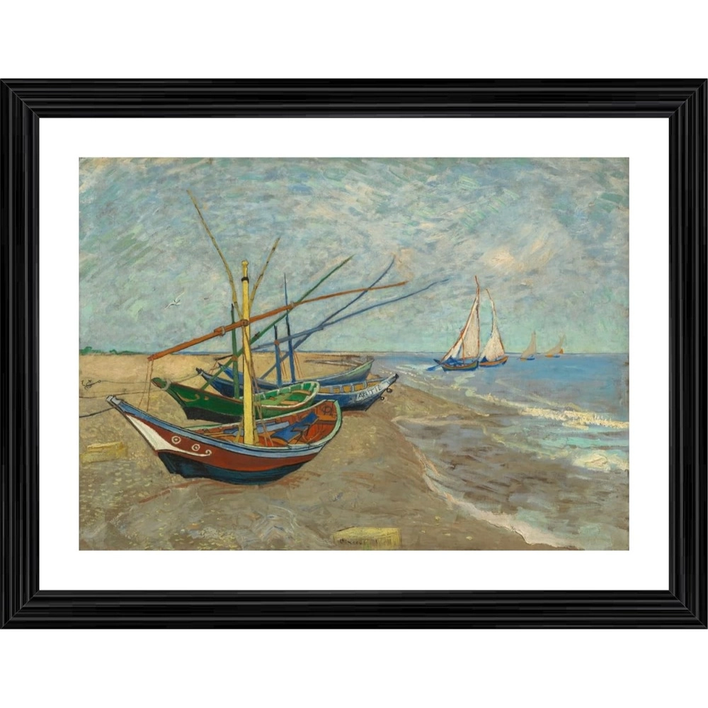 Fishing Boats on the Beach 1888 Painting With Wood Photo Frame (Multicolor)