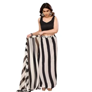 Alternative view of Women's Small Lace Georgette Striped Ready-to-Wear Saree With Unstitched Blouse 5.5 Mtr (Black-White)