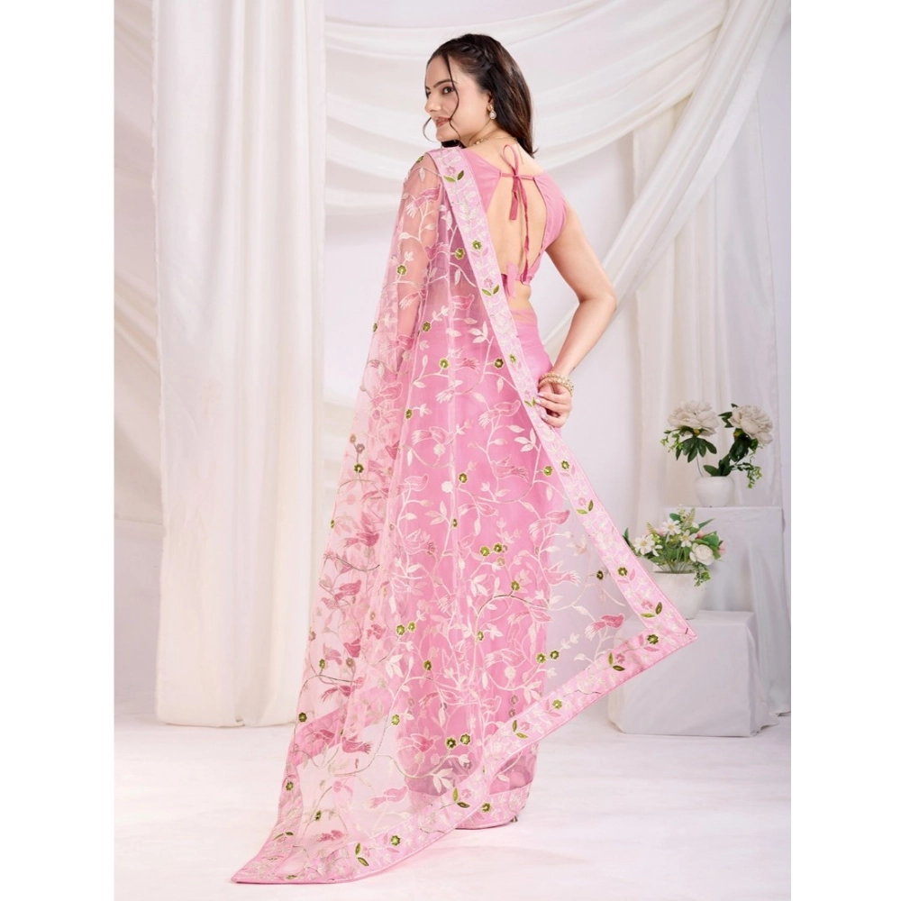 Women's Soft Net Thread Embroidery Saree With Unstitched Blouse 5.5Mtr (Pink) - Image 3
