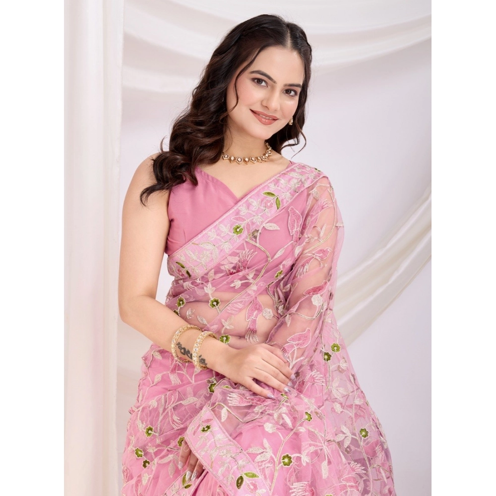Women's Soft Net Thread Embroidery Saree With Unstitched Blouse 5.5Mtr (Pink) - Image 2