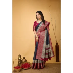 Alternative view of Women's Soft Dola Cotton Kalamkari Printed Saree With Unstitched Blouse 5.5Mtr (Grey)