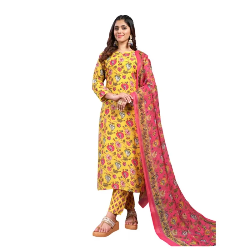Women's Cotton Blend Printed Kurti With Pant Dupatta Set (Yellow)