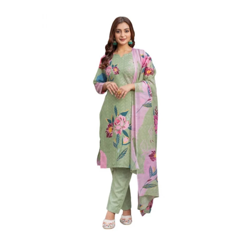 Women's Cotton Blend Printed Kurti With Pant Dupatta Set (Mehendi)