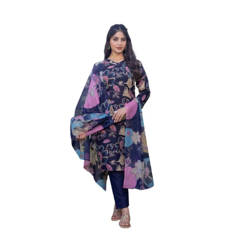 Women's Cotton Blend Printed Kurti With Pant Dupatta Set (NavyBlue)