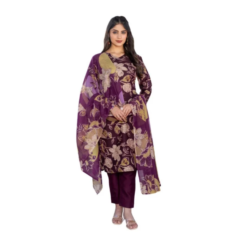 Women's Cotton Blend Printed Kurti With Pant Dupatta Set (Purple)