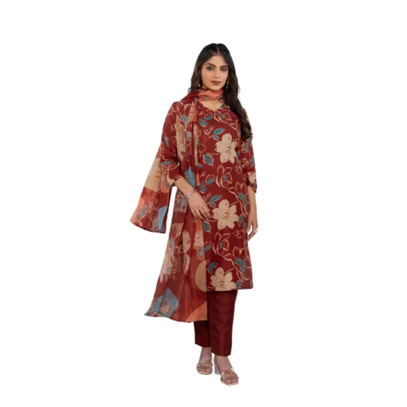 Women's Cotton Blend Printed Kurti With Pant Dupatta Set (Rust)