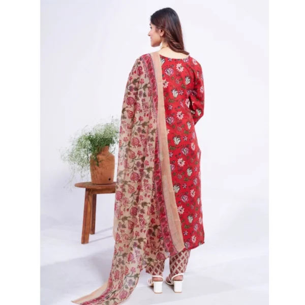 Women's Cotton Blend Printed Kurti With Pant Dupatta Set (Red) - Image 5
