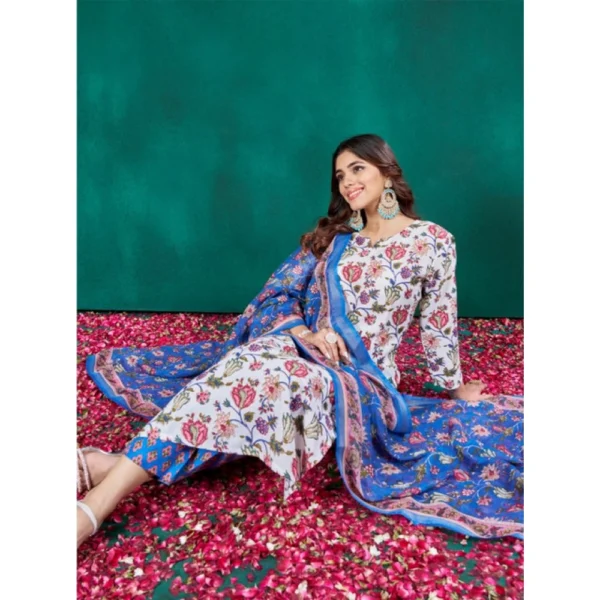 Women's Cotton Blend Printed Kurti With Pant Dupatta Set (Multicolor) - Image 5