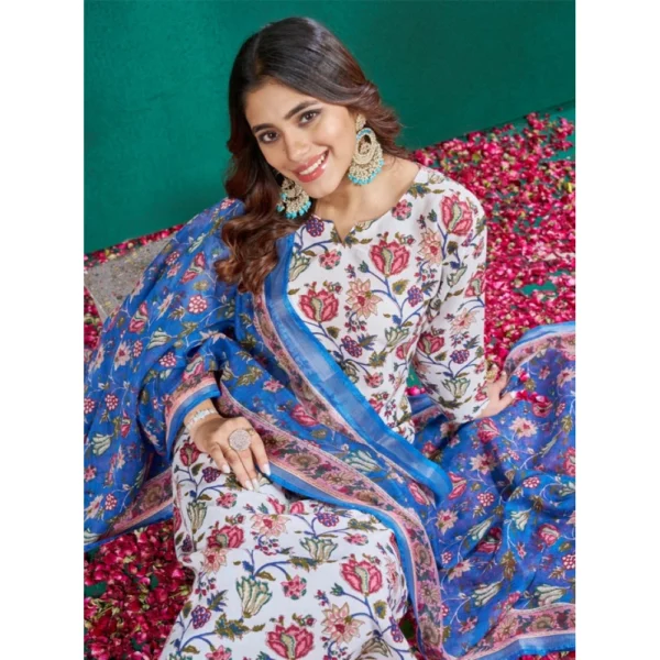 Women's Cotton Blend Printed Kurti With Pant Dupatta Set (Multicolor) - Image 3